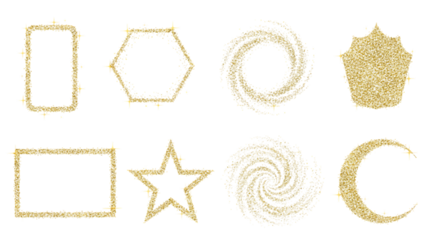 Golden glitter shapes collection featuring rectangles hexagons stars spirals and crescents on transparent background - Powered by Adobe