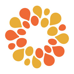 Abstract circular pattern of colorful droplets resembling a sun or flower.