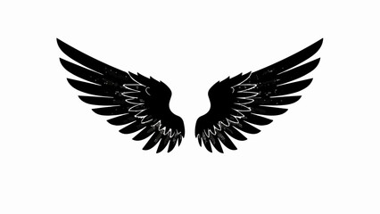 Fototapeta premium Majestic black angel wings spread wide against a stark white background, symbolizing freedom and power.