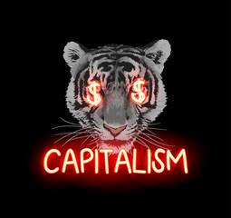 capitalism neon light slogan with tiger face vector illustration on black background