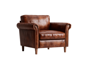 Close-up of a brown leather armchair with curved arms and wooden legs, set against black