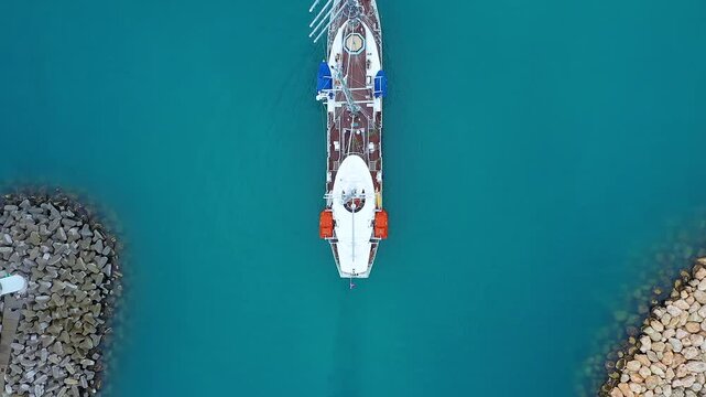 Cruise sailing vessel. Overhead view