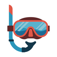 A close-up illustration of a red and blue snorkel mask with a white background.