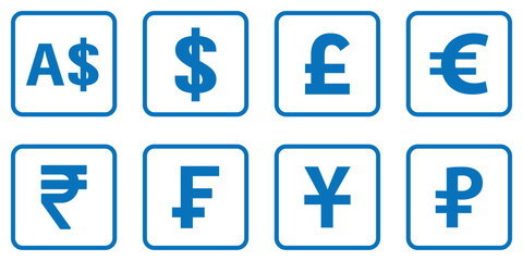 Currency symbols icons set with Dollar, Euro, Pound, Rupee, Franc, Ruble, Yen, Won . world currency icon.