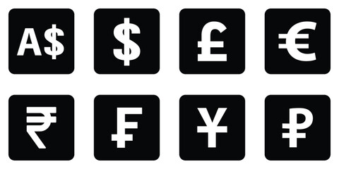 World currency signs and icons vector bundle set. Global currency symbols in clean, modern styles. isolated on white background.