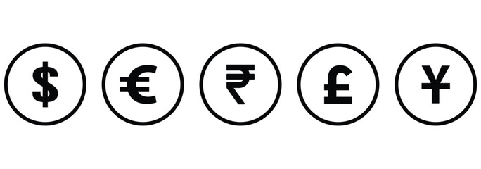 Currency symbols icons set. Vector illustration of coins with international currency symbols. Dollar, Euro, Pound, Rupee, Franc, Ruble, Yen, Won, Lira etc. world currency symbol.