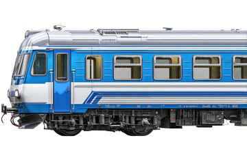 Obraz premium Side view of a detailed passenger train car, displaying blue and white paint, windows, and roof