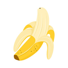 Peeled ripe banana vector illustration. Yellow banana with open peel, isolated on white background. Flat style tropical fruit for food themes and healthy eating concepts.