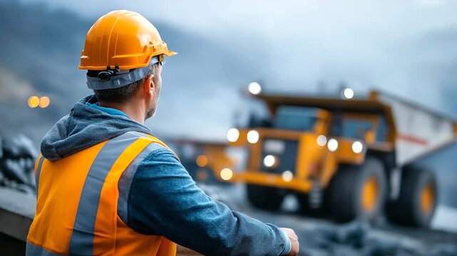 Faceless construction worker in safety gear with back to camera watching large excavator operate at mining site, cloudy industrial atmosphere, defocused equipment, with copy space