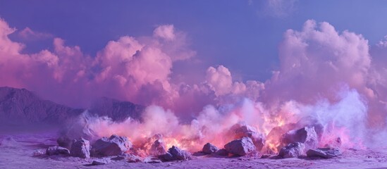 Ethereal landscape of clouds, rocks, & pink glow under a violet sky