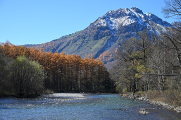秋の上高地　梓川と焼岳