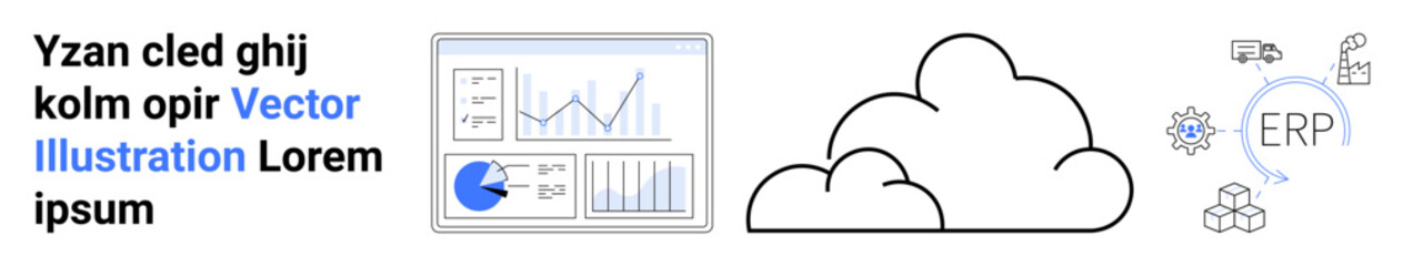 Analytics dashboard with bar and pie charts, cloud outline, ERP process icon set. Ideal for data analysis, cloud computing, ERP, business management, forecasting, IT solutions simple landing page