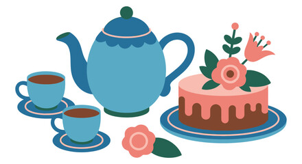 A delightful tea time setting with a teapot, cups, and a decorated cake.