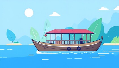Boat with a red canopy floats on blue water against a backdrop of light blue mountains and tropical leaves