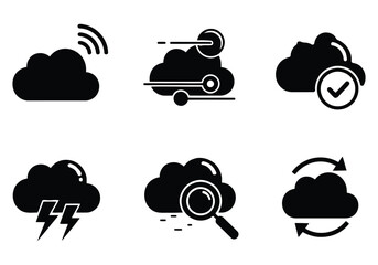 A set of cloud computing icons showing various concepts like data transfer, security, and synchronization