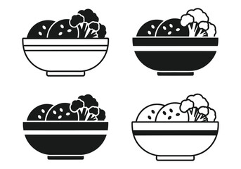Simple black and white icons of a bowl containing healthy food items like broccoli
