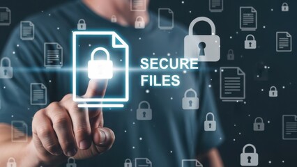 Secure File Storage: Person touching digital document icon with padlock for encrypted data protection and privacy management