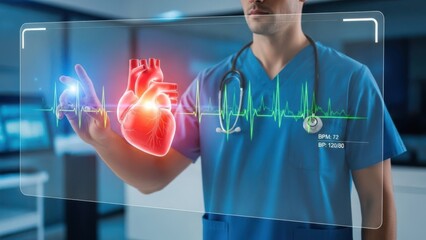 Digital Heart Monitoring: Medical professional interacting with virtual interface showing glowing human heart and cardiogram for cardiac health
