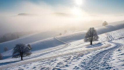 snowy landscape with rolling hills, winding dirt path, and bare trees under soft winter sunlight and atmospheric haze creating serene, tranquil, and picturesque countryside scene