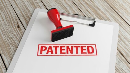 Intellectual Property Patent: Red patented stamp on white clipboard for legal creative design protection and ownership rights