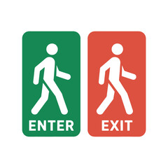 Two directional signs indicate an entrance and an exit with pedestrian icons.