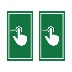 Two identical green icons show a white hand touching a button, indicating a touch interface or activation.