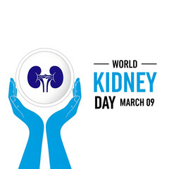 Hands gently holding a realistic human kidney illustration with the word kidney on transparent background