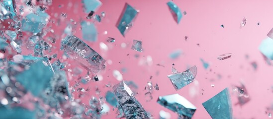 Abstract image of shattered, iridescent glass fragments floating against a soft pink backdrop