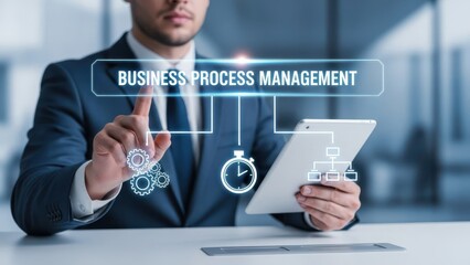 Business Process Management: Professional using tablet with gear and stopwatch icons for corporate workflow efficiency and optimization