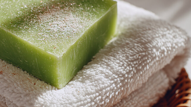 Experience relaxation with a green soap bar nestled on a soft white towel. Perfect for a spa day or a soothing bath, a moment of self-care. - Powered by Adobe