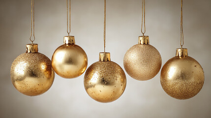 Glistening ornaments dance with golden light, suspended in air. A festive symphony of sparkle and shine.