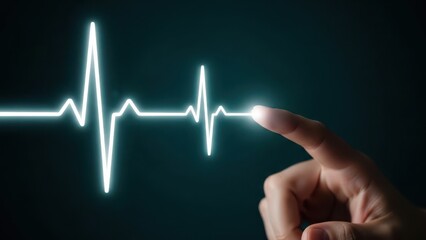 Electronic Health Monitoring: Hand touching glowing heartbeat pulse line on dark background for medical diagnostic technology