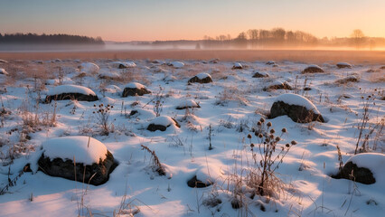 Tranquil winter landscape of a vast snowy field scattered with numerous snow-covered boulders and dry plants under a misty morning sky with a forest in the distant fog