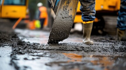 Construction worker spreading fresh concrete with a tool, close-up of wet cement, boots, and industrial equipment.