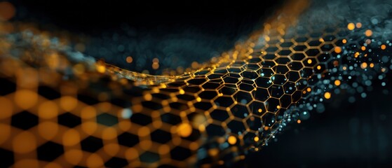 Abstract illustration of a network structure with hexagons and particles