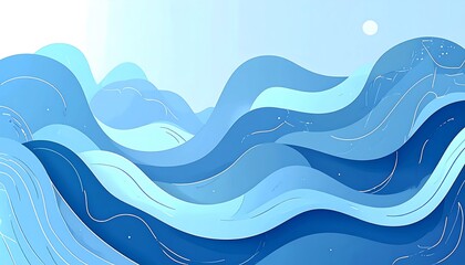 Blue waves ripple and flow under a pale sky, accented with flowing, thin lines depicting stylized water surface details