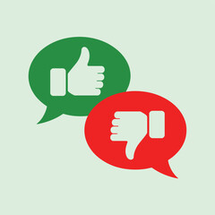 Thumbs up and thumbs down icons inside speech bubbles convey opinions.