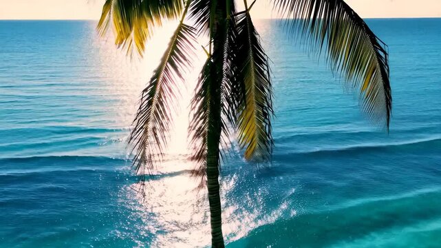 Palm tree gracefully outlined against a stunning backdrop of turquoise ocean waves and a golden sunset. the serene and tropical ambiance evokes a sense of tranquility and escape, ideal for vacation th