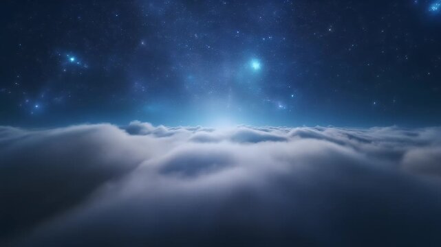 A celestial scene presents billowing clouds below a starry night sky. The horizon glows, with sparkling stars and a touch of light