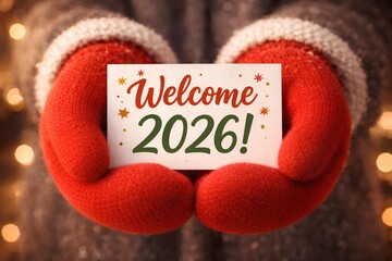 Red mittens with white cuffs holding a sign that says Welcome 2026 in red and green font