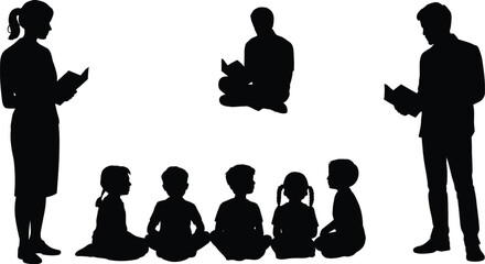 Silhouette of parents teacher and children reading books together education learning storytelling family school concept isolated on white background