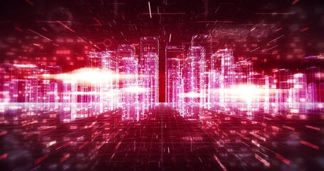Futuristic digital metropolis with wireframe buildings leading to data center. Digital virtual world 3D concept animation. - Powered by Adobe