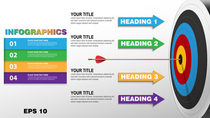 4 Steps Target Infographic Template with Archery Bullseye and Arrow. Modern Business Flow Chart with Goal Achievement Arrows and Progress Banners for Strategy and Success Presentation