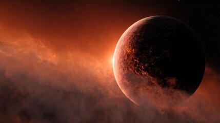Cloudy planet with fiery surface and hazy atmosphere against starfield