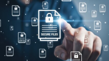 Secure File Management: Finger touching glowing digital document icon with padlock for encrypted corporate data protection
