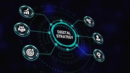 Digital strategy concept showing intelligent systems hub with connected icons, data driven planning, technology integration and future business direction. - Powered by Adobe