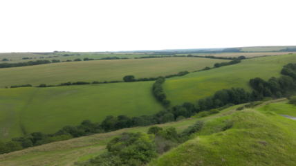 Scenic view of rolling hills and vibrant green fields  . Isolated on transparent background, png