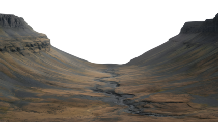 a dramatic valley with a flowing stream between two mountain cliffs . Isolated on transparent background, png