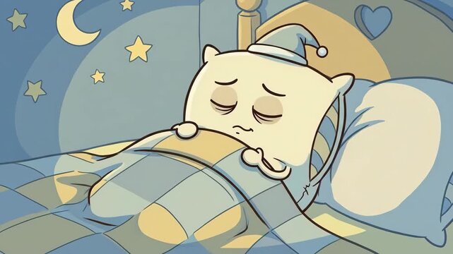 Cartoon pillow character in a sleeping cap yawning in bed under moon and stars, looking exhausted and drowsy but cozy under a duvet at night, humorous bedtime scene