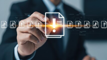 Data Error Management: Businessman touching digital alert icons on a virtual screen for automated risk detection and processing